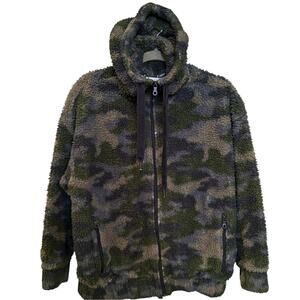 OFFLINE by Aerie Women Size Small Camo Sherpa Jacket Hooded Green Beige $88 MSRP